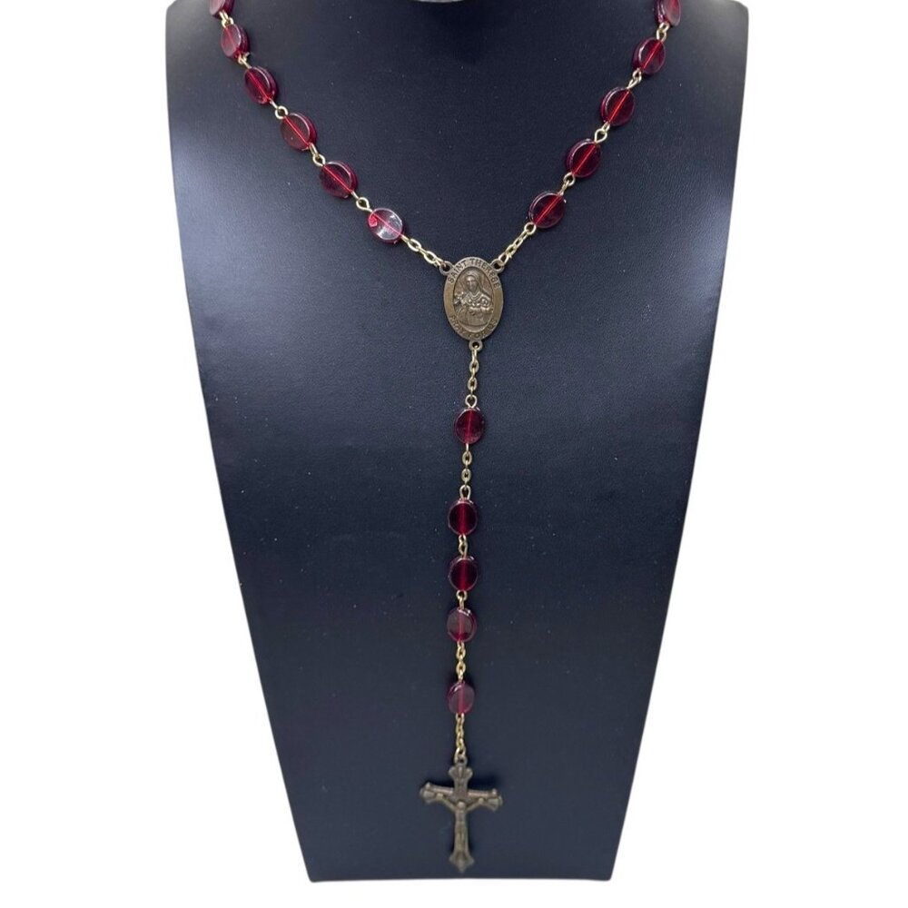 Vintage Rosary Saint Therese Medal Crucifix Red Glass Beads Gold Tone Religious